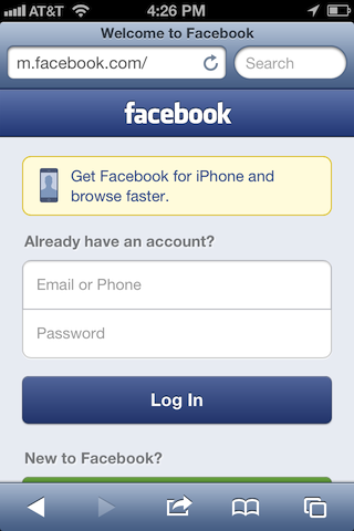 Facebook mobile sign-in page