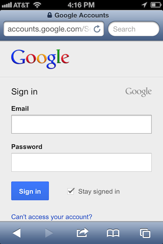Google mobile sign-in page
